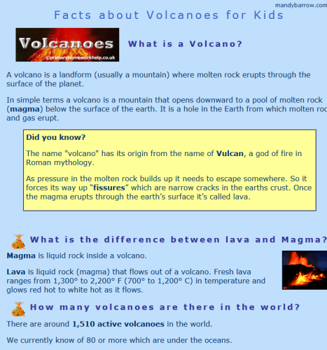 Science text set on volcanoes: volcano website